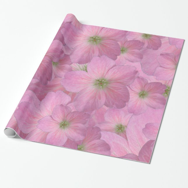 Papier Cadeau Motif de fleurs de jardin rose doux (Déroulé)
