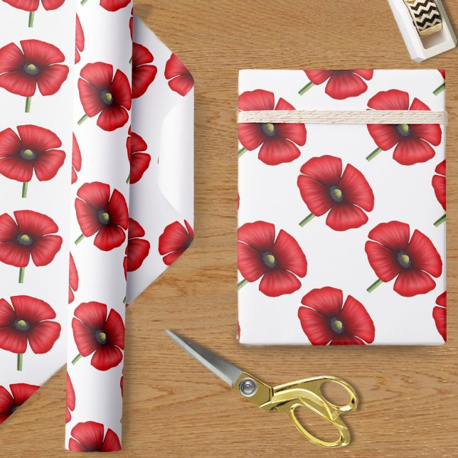 Papier Cadeau Motif de fleurs de pavot rouge sur papier blanc (Pretty poppy wrapping paper just for you)