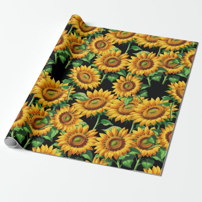 Papier Cadeau Motif de fleurs de tournesol noir (Déroulé)