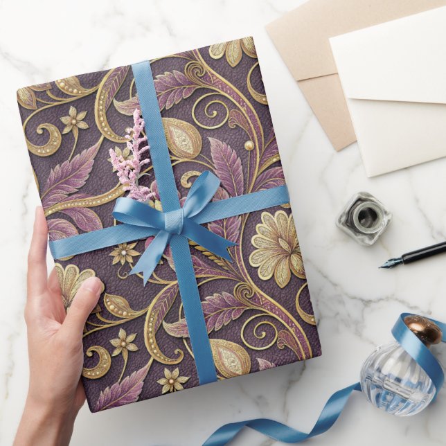 Papier Cadeau Motif de fleurs embossées violet et or (Cadeaux)