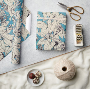Papier Cadeau Motif de fleurs en bleu blanc