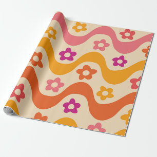 Papier Cadeau Motif de fleurs groovy mignon sur des vagues rétro