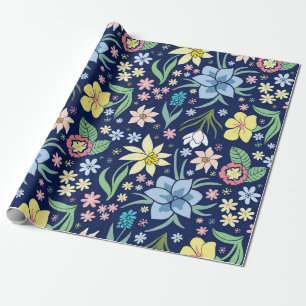 Papier Cadeau Motif de fleurs jaunes et bleues