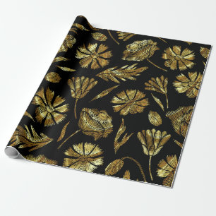 Papier Cadeau Motif de fleurs noir et or brillant