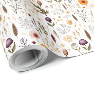 Papier Cadeau Motif de fleurs pressées vintage botanique bohème