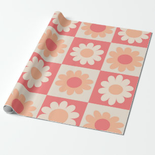 Papier Cadeau motif de fleurs rétro À damiers Peach Fuzz
