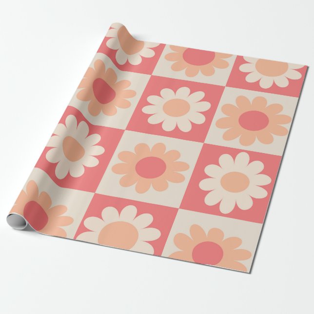 Papier Cadeau motif de fleurs rétro À damiers Peach Fuzz (Déroulé)