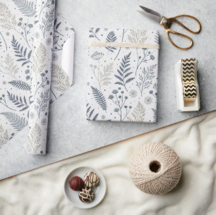 Papier Cadeau Motif de fleurs sauvages et fougères bleu marine
