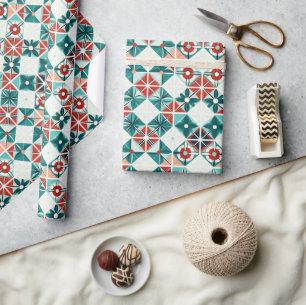 Papier Cadeau Motif de fleurs stylisées géométriques rouges et b