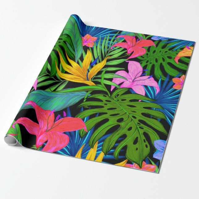 Papier Cadeau Motif de fleurs tropicales hawaïennes (Déroulé)