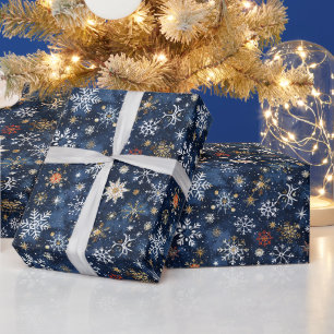 Papier Cadeau Motif De Flocon De Neige Bleu Et Or Avec Étoiles