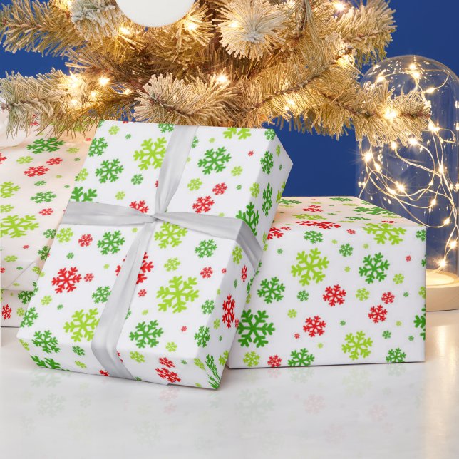 Papier Cadeau Motif de flocon de neige de Noël rouge et vert (Vacances)