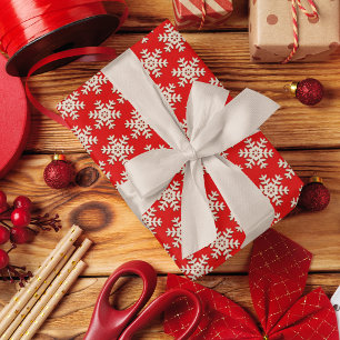 Papier Cadeau Motif de flocon de neige en faux bois sur fond rou