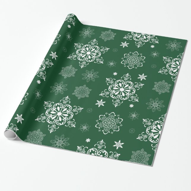 Papier Cadeau Motif de flocon de neige vert et blanc (Déroulé)