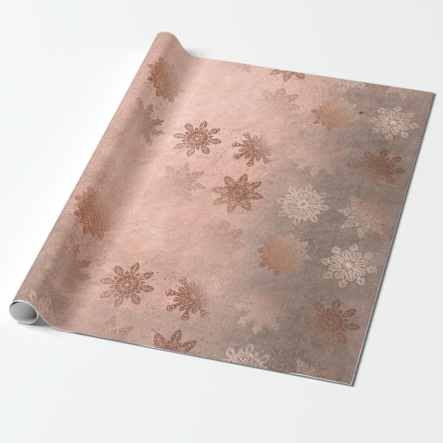 Papier Cadeau Motif de flocon de Noël rose en cuivre (Déroulé)
