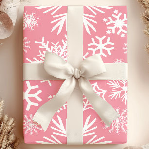 Papier Cadeau Motif de flocons de neige de Noël rose et blanc d'