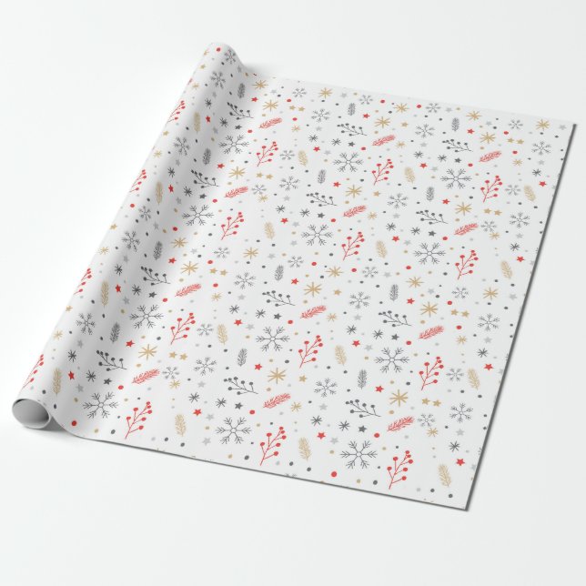Papier Cadeau Motif de flocons de neige et de plantes sur fond b (Déroulé)