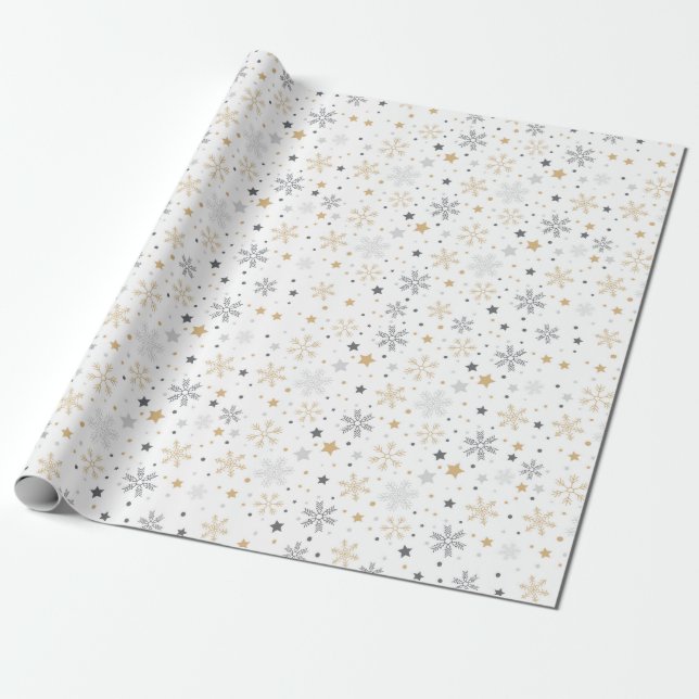 Papier Cadeau Motif de flocons de neige gris et jaunes (Déroulé)