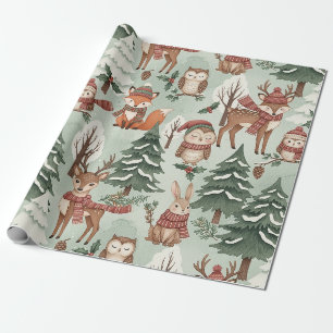 Papier Cadeau Motif de forêt hivernale avec animaux mignons de l