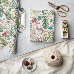 Papier Cadeau Motif de fougères et de fleurs sauvages bleu vert