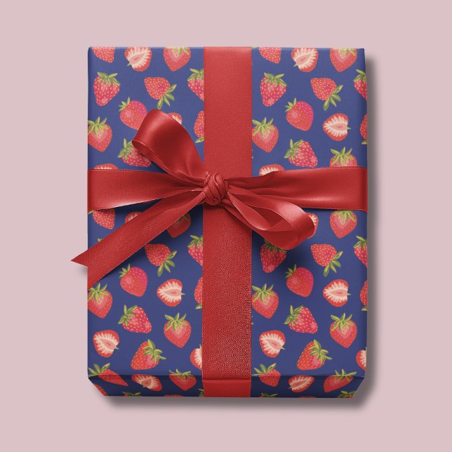 Papier Cadeau Motif de fraise (Strawberry wrapping paper on royal blue background)