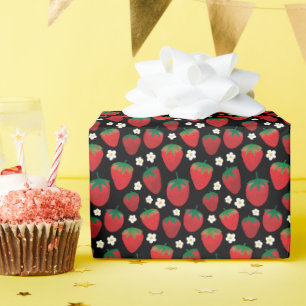 Papier Cadeau Motif de fraise sucrée sur noir