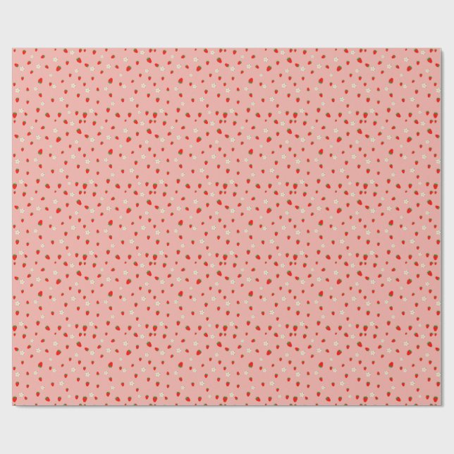 Papier Cadeau Motif de fraises et de fleurs (Plat)