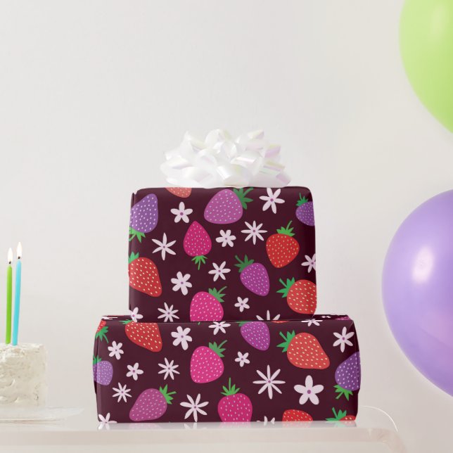 Papier Cadeau Motif de fraises et de fleurs blanches (Cadeaux de fête)