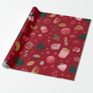 Papier Cadeau Motif de friandises de Noël aux fraises festives