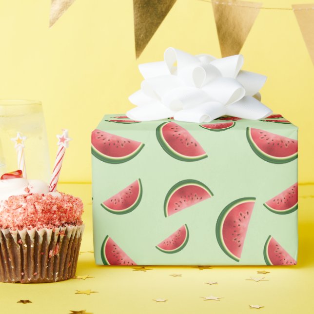 Papier Cadeau Motif de fruit pastèque sur fond vert (Fête d'anniversaire)