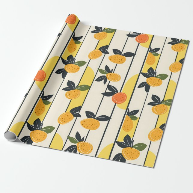 Papier Cadeau Motif de fruits d'agrumes avec Feuilles verts (2) (Déroulé)