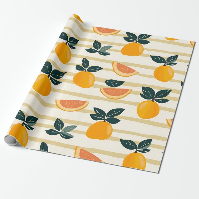 Papier Cadeau Motif de fruits d'agrumes avec Feuilles verts (4) (Déroulé)