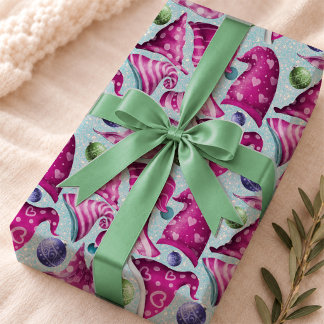 Papier Cadeau Motif de gnome de Noël rétro rose bleu fantaisiste