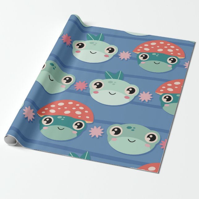 Papier Cadeau Motif de grenouille et de champignons (Déroulé)