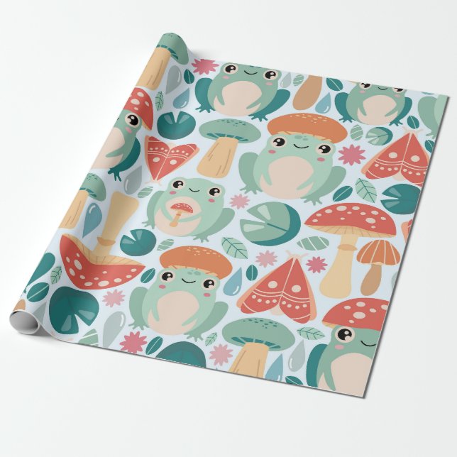 Papier Cadeau Motif de grenouilles et champignons (Déroulé)