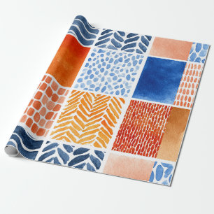Papier Cadeau Motif de grille aquarelle dynamique en bleu et ora