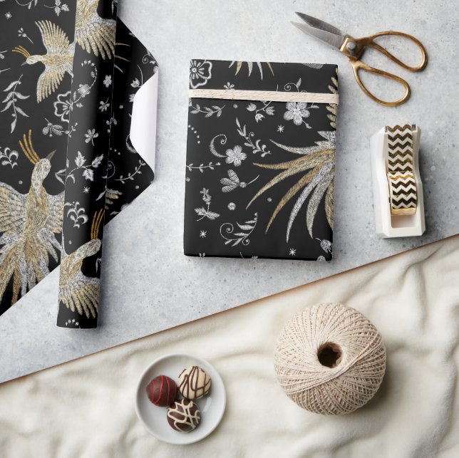 Papier Cadeau Motif de grues et de fleurs (Artisanat)