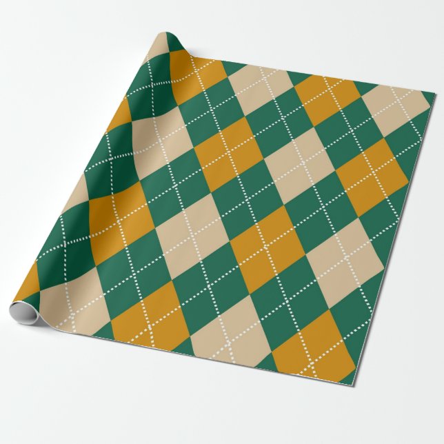 Papier Cadeau Motif de Jacquard de moutarde beige vert rétro (Déroulé)