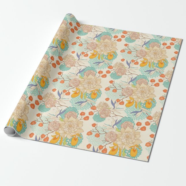 Papier Cadeau Motif de jardin fleuri coloré (Déroulé)