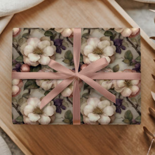 Papier Cadeau Motif de jardin floral crème vintage doux et roman