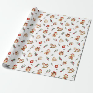 Papier Cadeau Motif de jouets aquarelle rouge vert mignon de Noë