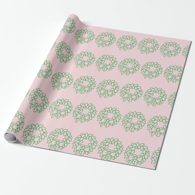 Papier Cadeau Motif de la couronne de Noël blanc rose et vert (Déroulé)