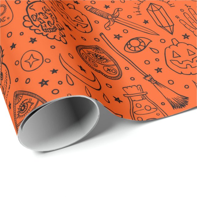 Papier Cadeau Motif de la fête d'Halloween Orange Doodle (Coin rond)