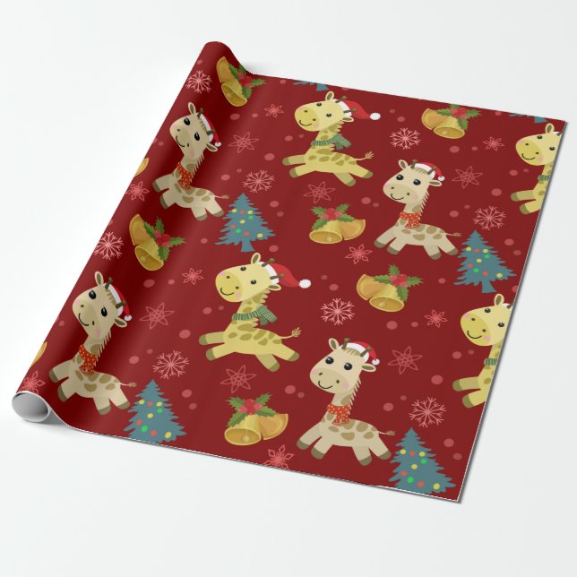 Papier Cadeau Motif de la Giraffe de Noël mignonne (Déroulé)