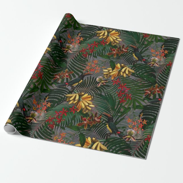 Papier Cadeau motif de la jungle antique des fleurs tropicales e (Déroulé)