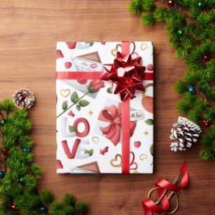 Papier Cadeau Motif de la rose rouge et de la lettre d'amour rom