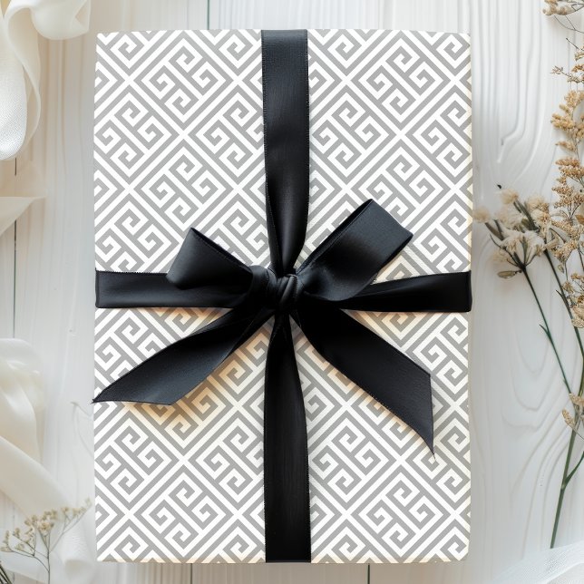 Papier Cadeau Motif de labyrinthe à clé grecque grise chic (Créateur téléchargé)