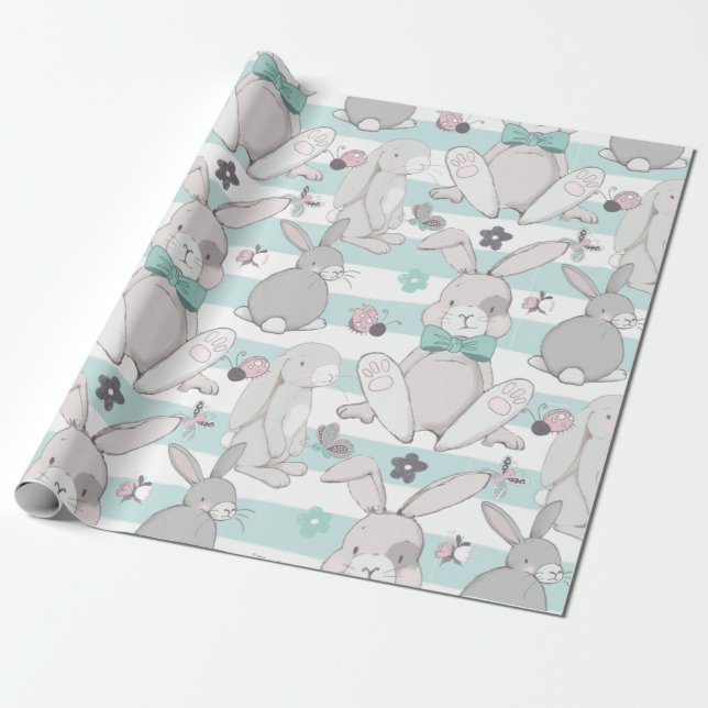Papier Cadeau Motif de lapins de printemps (Déroulé)