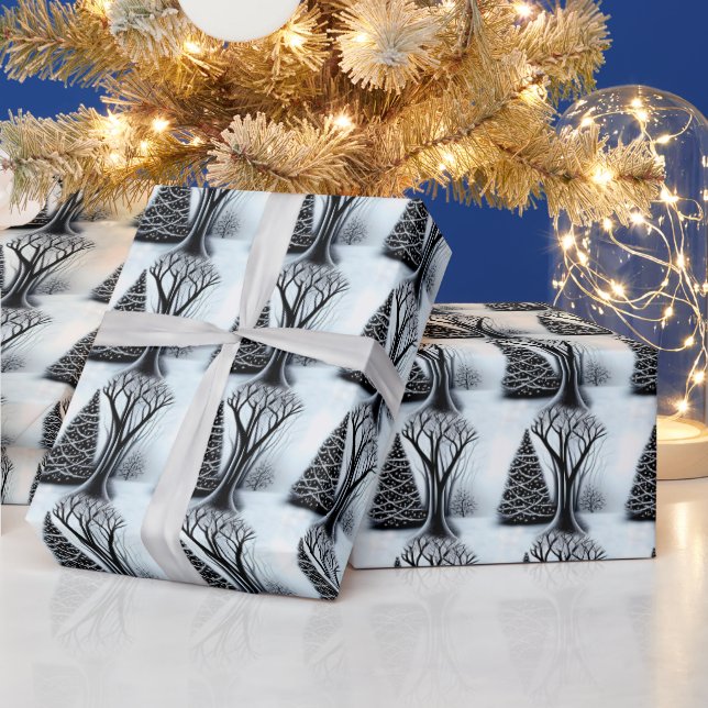 Papier Cadeau Motif de l'arbre de Noël noir et blanc (Vacances)