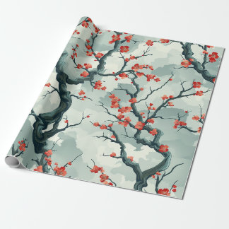 Papier Cadeau Motif de lavis à l'encre de fleurs de prunier roug